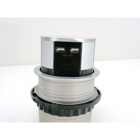 Rejtett elosztó bútorlapba építhető, kör alakú MINI (3-as+2 USB) ezüst